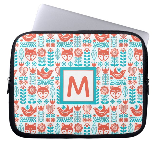 Monogram | Finnish Fox & Bird Folk Art Pattern Laptop Sleeve (Front)