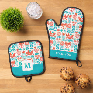 Monogram Finnish Fox & Bird Folk Art Pattern Oven Mitt & Pot Holder Set