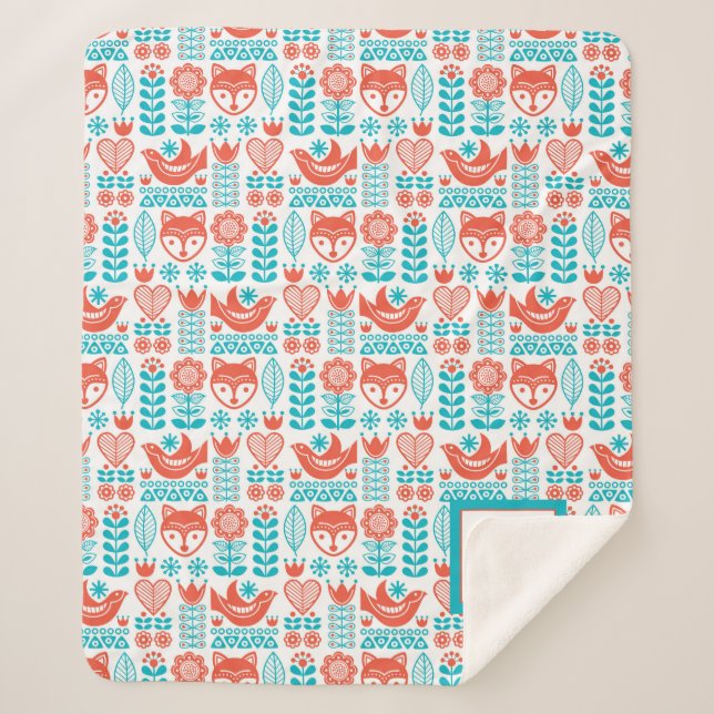 Monogram | Finnish Fox & Bird Folk Art Pattern Sherpa Blanket (Front)