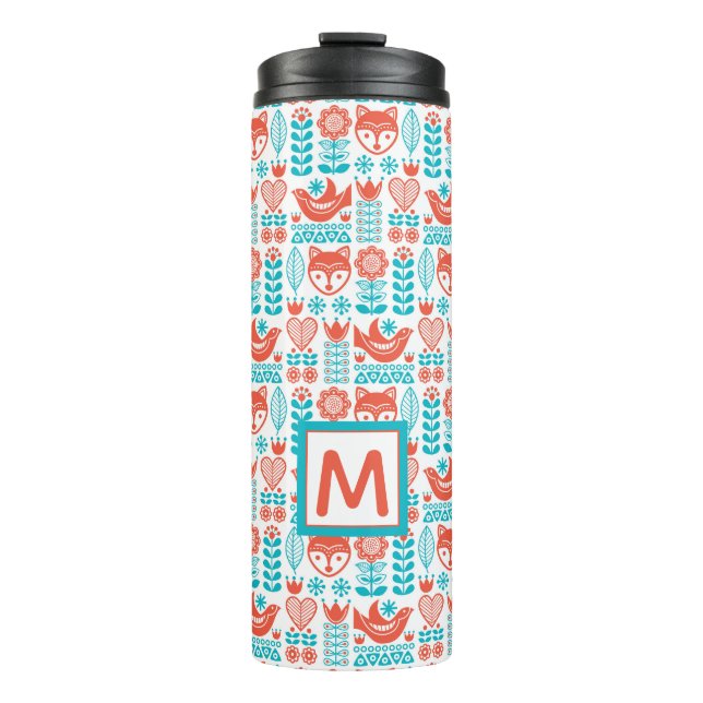 Monogram | Finnish Fox & Bird Folk Art Pattern Thermal Tumbler (Front)