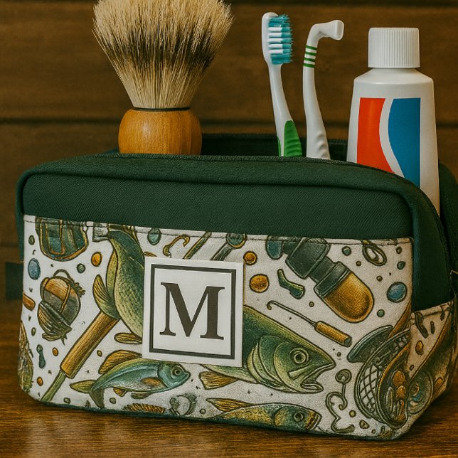 Monogram Fishing Fisherman Travel Toiletry Bag (Travel size toiletry bag for men with fishing print and monogram. Great gift idea )