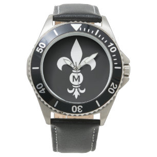 Monogram Fleur De Lis Modern Simple Black & White Watch
