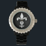 Monogram Fleur De Lis Modern Simple Black & White Watch<br><div class="desc">Fleur De Lis Monogram Women's Black Enamel Bracelet Watch with Rhinestones - Personalise with your initial or delete if desired. The fleur-de-lis or fleur-de-lys is a stylised lily, iris or lotus flower and is a traditional symbol of royalty. Stylish black and white modern design with personalised initial is sophisticated, elegant...</div>