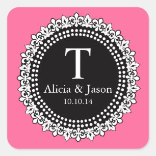 Monogram Fleur de Lis Wedding Favour Sticker Pink
