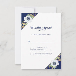 Monogram Floral Anemone Blue White Wedding RSVP Card