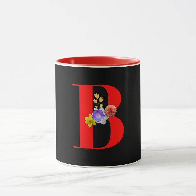 Monogram Floral B Red Inside Black  Mug (Center)