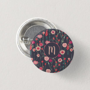 Monogram Floral Black Pink 3 Cm Round Badge