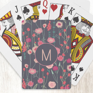 Monogram Floral Black Pink Playing Cards