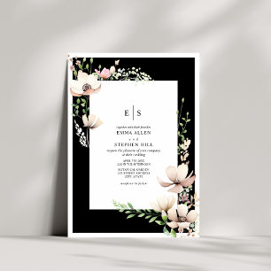 Monogram Floral Black & White Botanical Wedding Invitation
