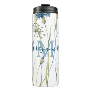 Monogram Floral Blue Gold White Thermal Tumbler