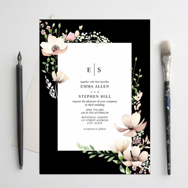 Monogram Floral Blush Black Botanical Wedding Invitation (Creator Uploaded)