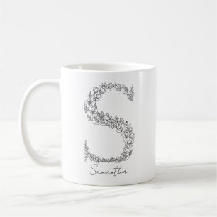 Monogram Floral Botanical Black White Letter S Coffee Mug