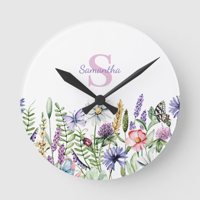 Monogram Floral Botanical Name Round Clock (Front)