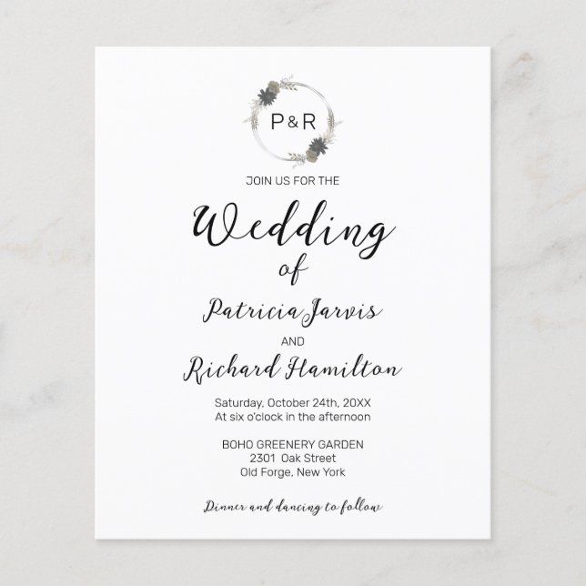 Monogram Floral Budget Wedding Invitation (Front)