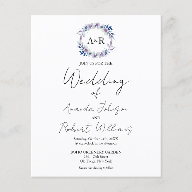 Monogram Floral Budget Wedding Invitations (Front)