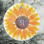 Monogram Floral Ceramic Tree Decoration<br><div class="desc">This unique keepsake ornament is decorated with a yellow watercolor sunflower and stylish typography.
Easily customisable.
Original Watercolor © Michele Davies.</div>