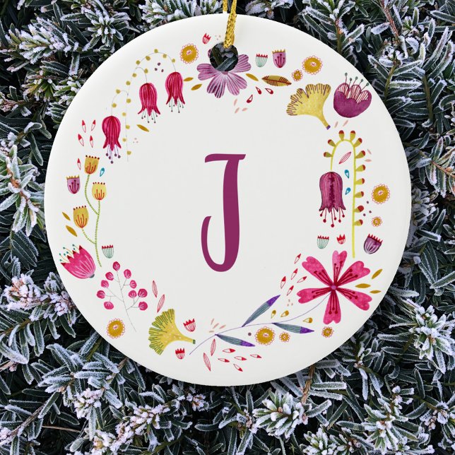 Monogram Floral Ceramic Tree Decoration (Modern monogram initial watercolor wildflower wreath)