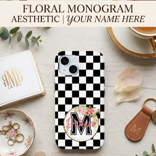 Monogram Floral Chequered Black White Custom Gift iPhone 15 Case
