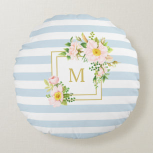 Monogram Floral Chic Pastel Blue Stripes Round Cushion