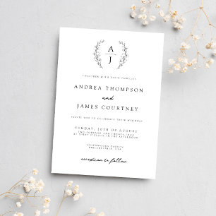 Monogram Floral Crest Black and White Wedding Invitation