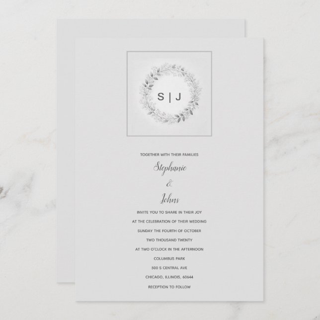Monogram Floral Crest Black White Grey Wedding Invitation (Front/Back)