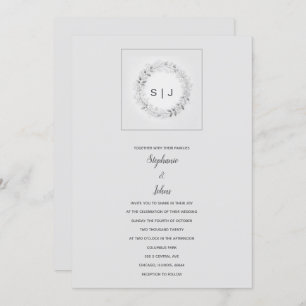 Monogram Floral Crest Black White Grey Wedding Invitation