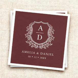 Monogram Floral Crest Burgundy Wedding Napkin