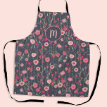 Monogram Floral Dark Apron<br><div class="desc">Pretty boho loose pink floral painting on a dark grey background.
Change the monogram initial to customise.</div>