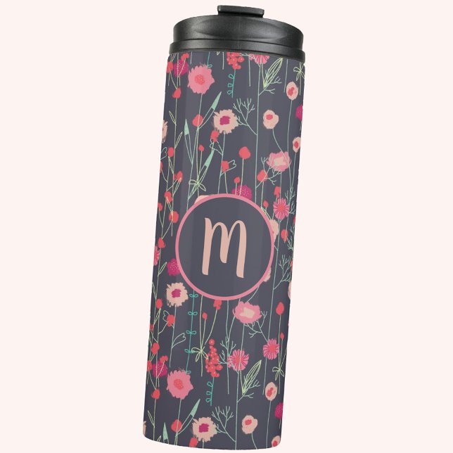 Monogram Floral Dark Thermal Tumbler (Boho floral pink and charcoal gray personalized monogram thermal tumbler)