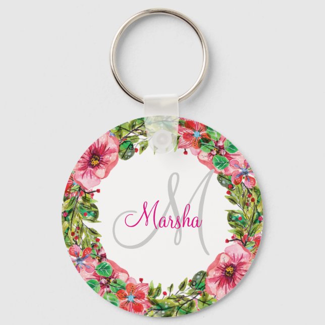 Monogram Floral Design Key Ring (Front)
