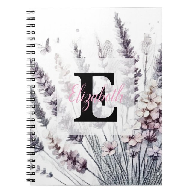 Monogram floral drawing pink cherry blossom  notebook (Front)