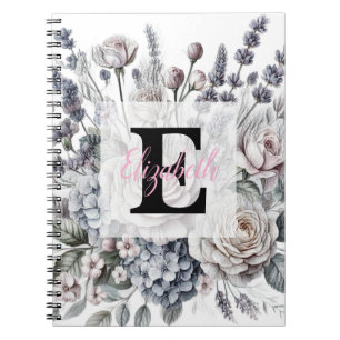 Monogram floral drawing pink cherry blossom notebook