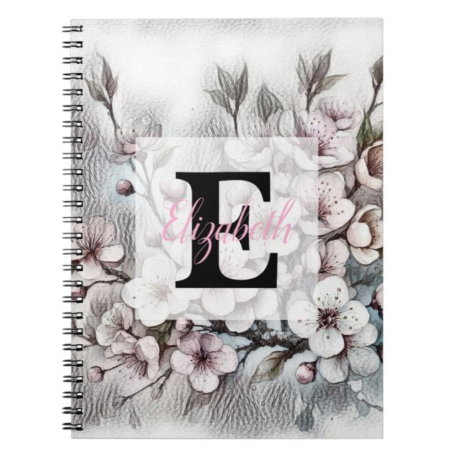 Monogram floral drawing pink cherry blossom  notebook (Front)