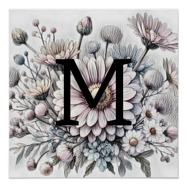 Monogram floral drawing pink gerbera daisies  poster (Front)