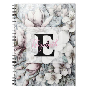 Monogram floral drawing pink magnolias flowers notebook
