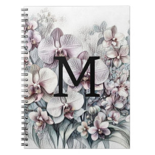 Monogram floral drawing pink orchid flowers notebook
