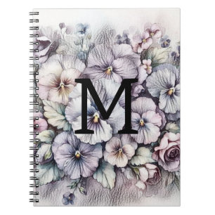 Monogram floral drawing pink pansies flowers notebook