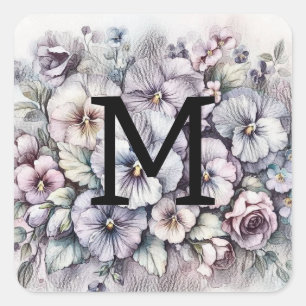 Monogram floral drawing pink pansies flowers  square sticker