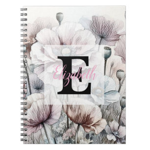 Monogram floral drawing pink pastel poppy flowers  notebook