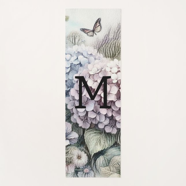 Monogram floral drawing pink purpe hydrangeas yoga mat (Front)