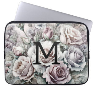 Monogram floral drawing pink purple blue roses laptop sleeve