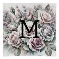 Monogram floral drawing pink purple blue roses