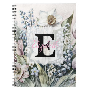 Monogram floral drawing pink tulips daffodils notebook