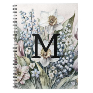 Monogram floral drawing pink tulips daffodils notebook