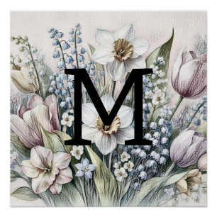 Monogram floral drawing pink tulips daffodils poster