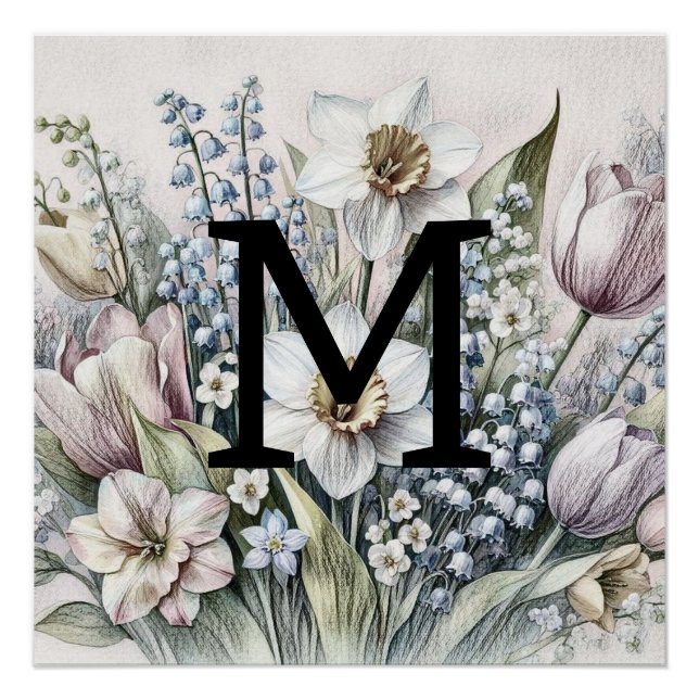 Monogram floral drawing pink tulips daffodils  poster (Front)