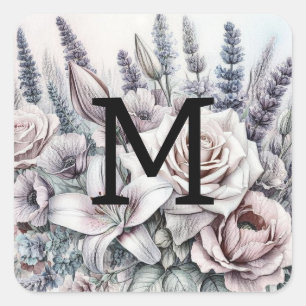 Monogram floral drawing roses lavender lilies square sticker