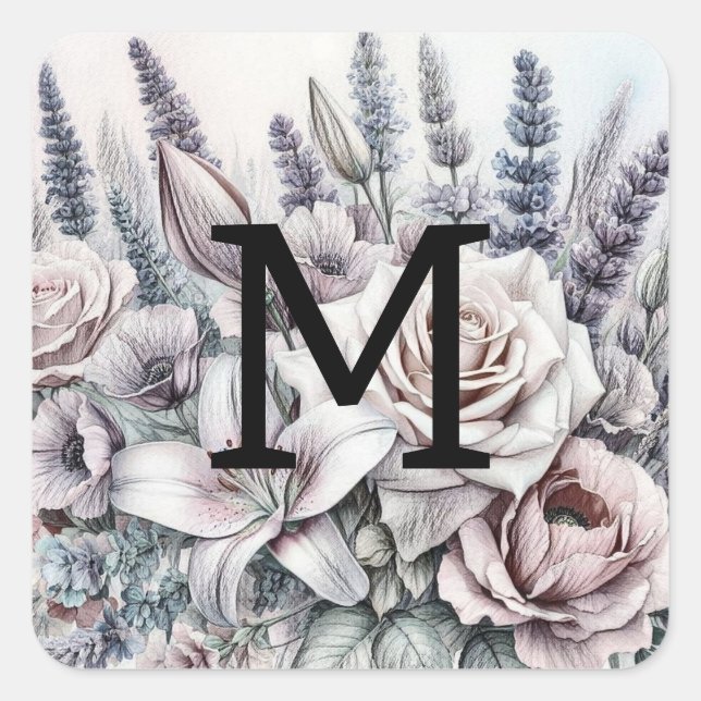 Monogram floral drawing roses lavender lilies  square sticker (Front)