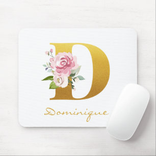 Monogram Floral Faux Gold Name Initial Personalise Mouse Pad