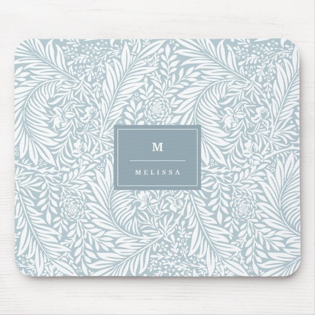 Monogram Floral Foliage Dusty Blue White Elegant Mouse Pad (Front)
